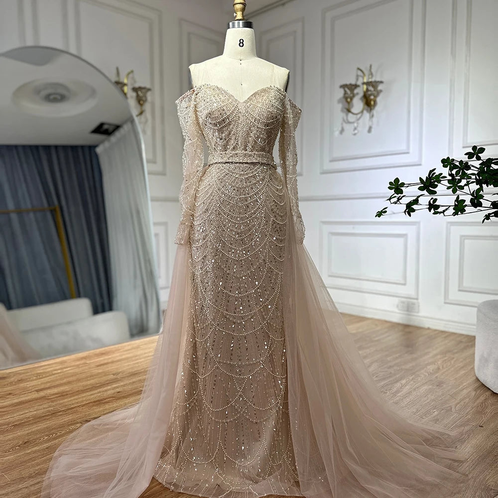 Ivory evening dress-Serene Hill Customized Nude Mermaid Arabia Beaded Evening Dress Gown with Detachable Skirt for Formal Occasion 2024 LA72243A