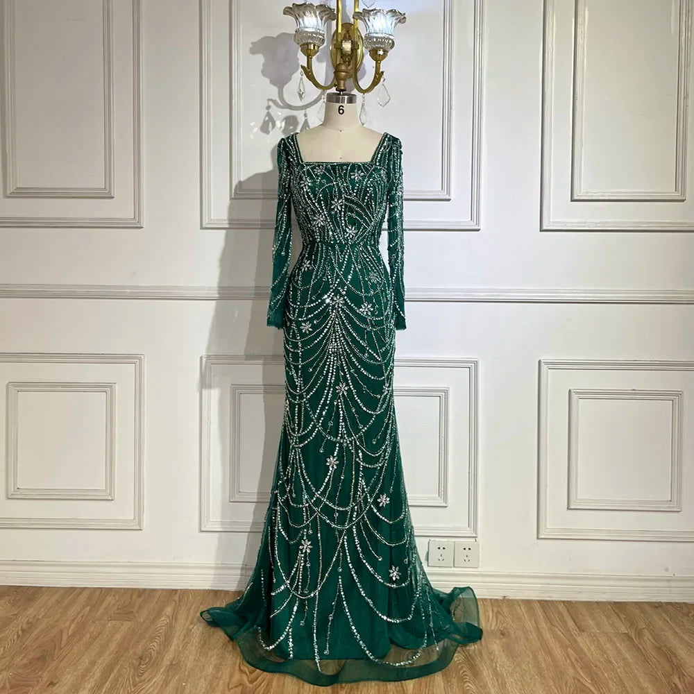 Evening dress with crochet details-Serene Hill Dark Green Mermaid Dress Crystal Beaded Arabic Evening Gown for Women Perfect for Weddings and Parties 2024 LA72242