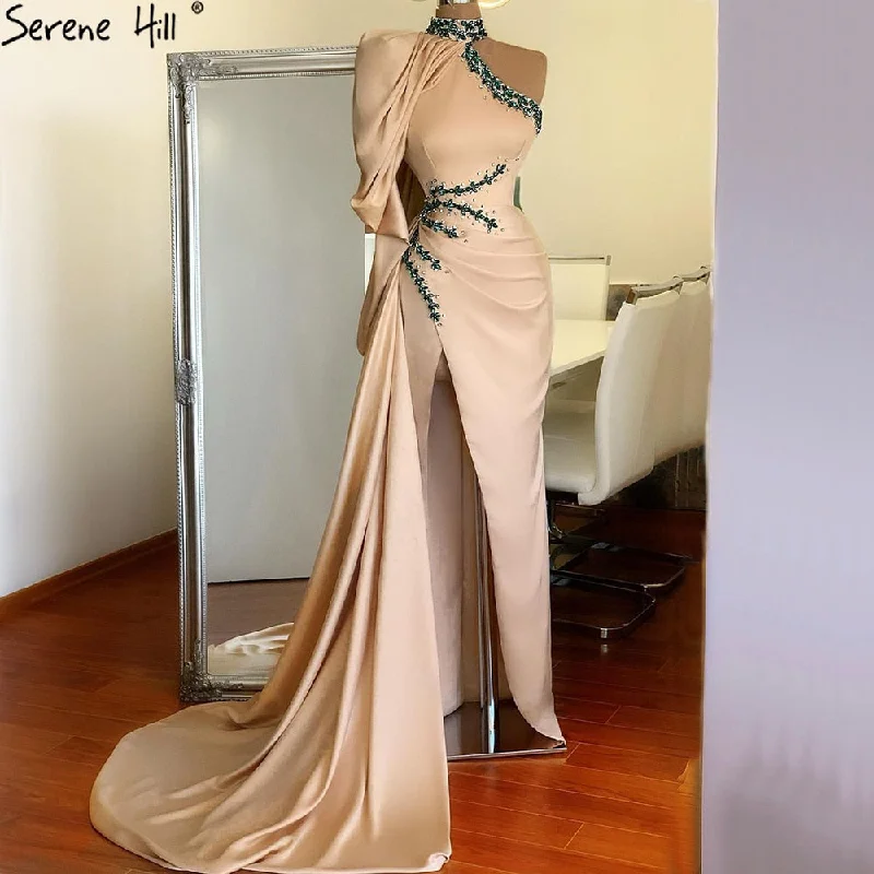 Evening dress with chiffon-Serene Hill Designer Soft Satin Champagne One Shoulder Mermaid  High Split Evening Dresses Gowns 2024 For Women Party LA70877