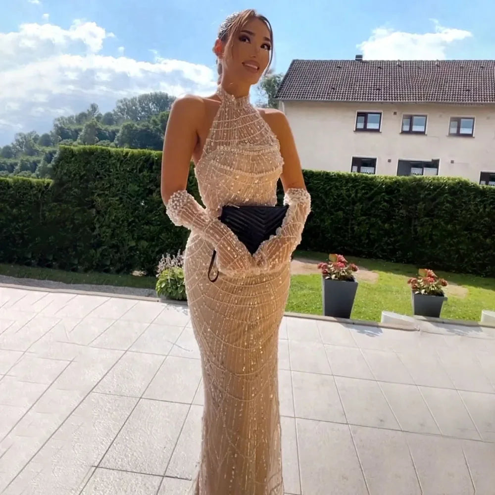 Evening dress with off-shoulder neckline-Serene Hill Dubai Arabia Luxury Evening Dresses Gowns 2024 for Women Nude Mermaid With Gloves for Wedding Parties LA72032A