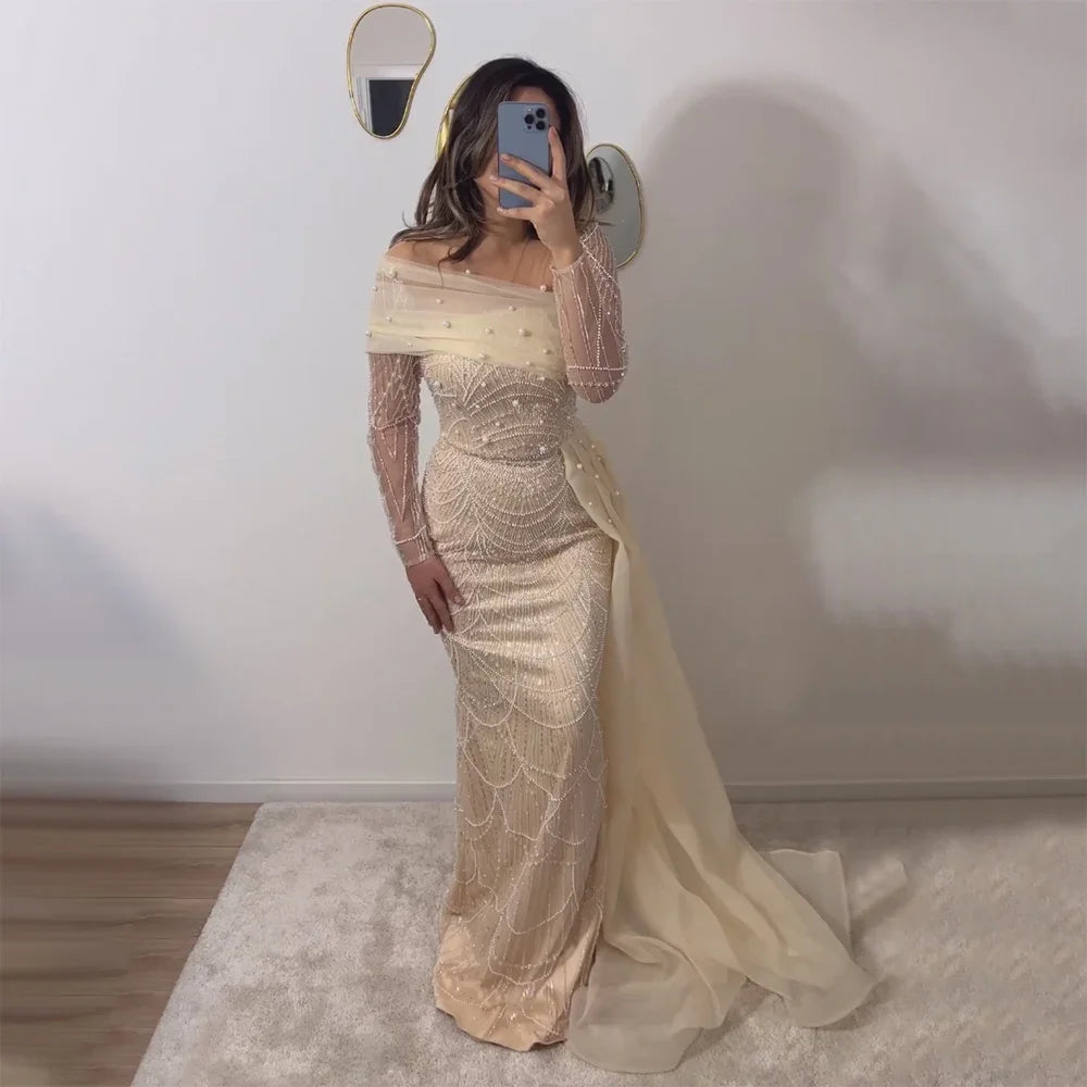 Evening dress for prom-Serene Hill Dubai Arabia Nude Mermaid With Overskirt Luxury Evening Dresses Gowns 2024 For Women Wedding Party LA72254A