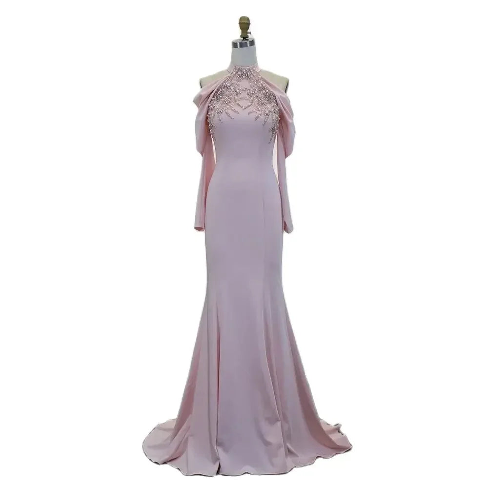 Evening dress with A-line-Serene Hill Dubai Arabia Pink Elegant Mermaid Satin Beaded Luxury Evening Dresses Gowns 2024 For Women Wedding Party LA72275