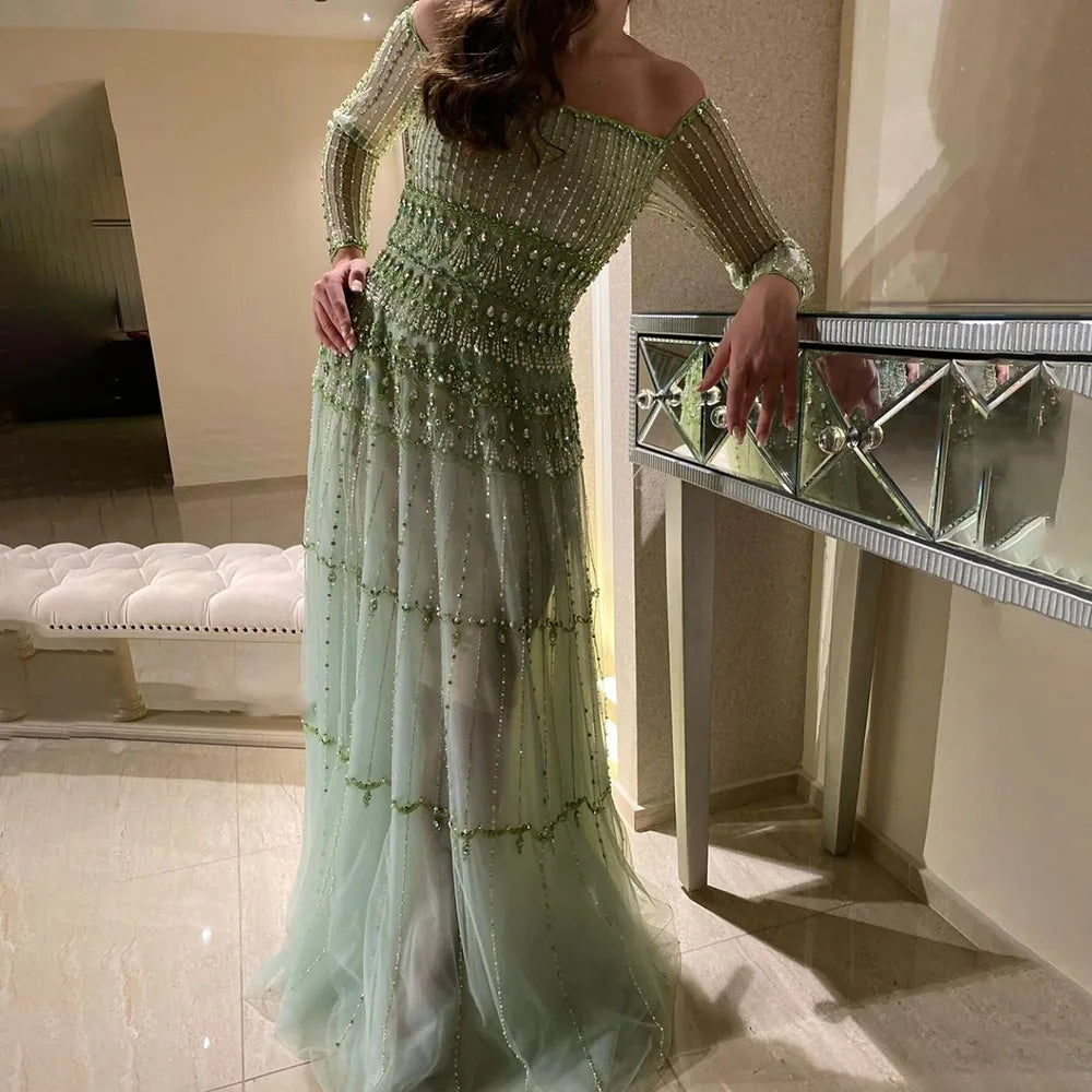 Evening dress with ruching-Serene Hill Dubai Arabic Sage Green Mermaid Luxury Evening Gown Strapless Beaded Party Dress for Women's Wedding 2024 LA72350