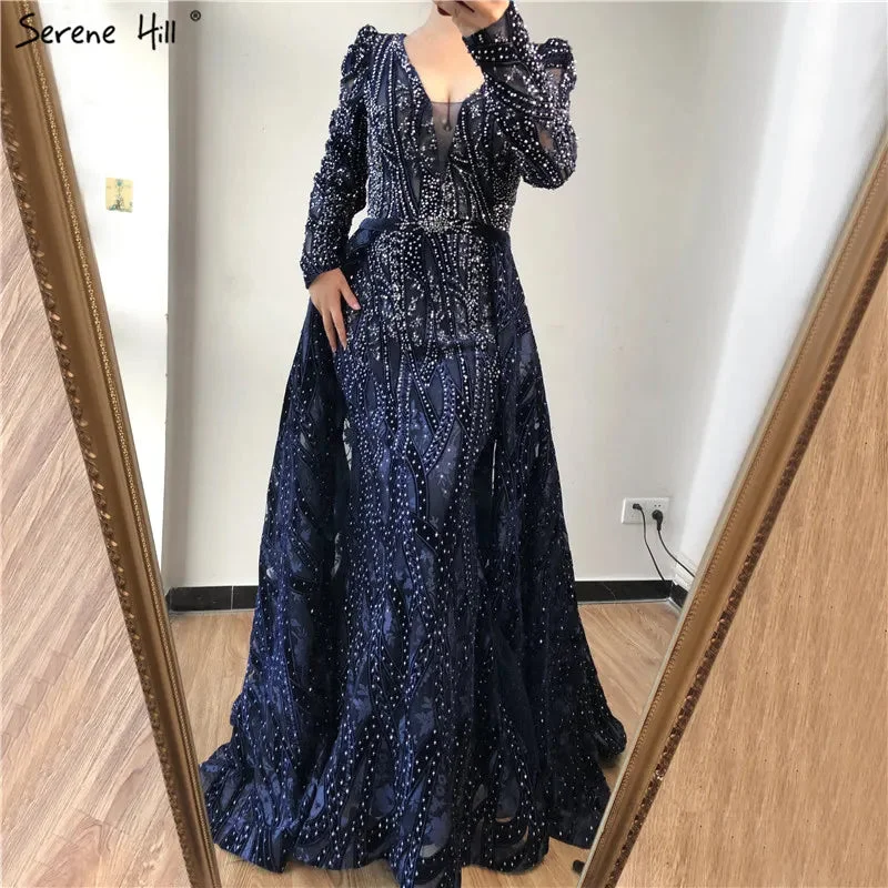 Evening dress with V-neck-Serene Hill Dubai Blue Mermaid Deep-V Crystal Sexy Long Sleeves Luxury Party Dresses Formal Women Evening 2024 Plus Size LA70223