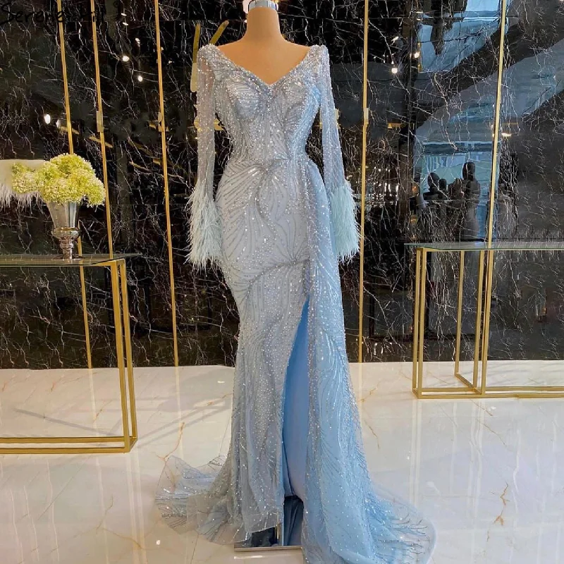 Evening dress with crochet details-Serene Hill Dubai Blue Mermaid Feather Pearls Long Sleeves V-Neck Luxury Evening Dresses Gowns For Women Party 2024  2024 LA70533