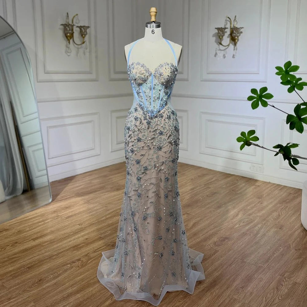 Evening dress for winter-Serene Hill Dubai Blue Mermaid Luxury Beaded Spaghetti Strap Arabic Evening Dresses Gowns for Women Wedding Party 2024 LA72330