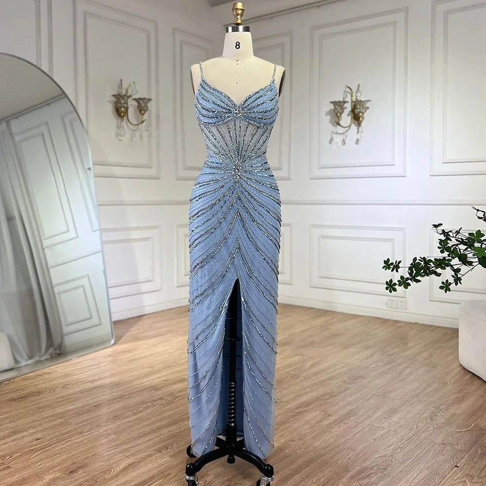 Evening dress with satin-Serene Hill Dubai Blue Spaghetti Strap Mermaid Split Beaded Luxury Evening Dresses Gowns for Women Wedding Party 2024 LA72439