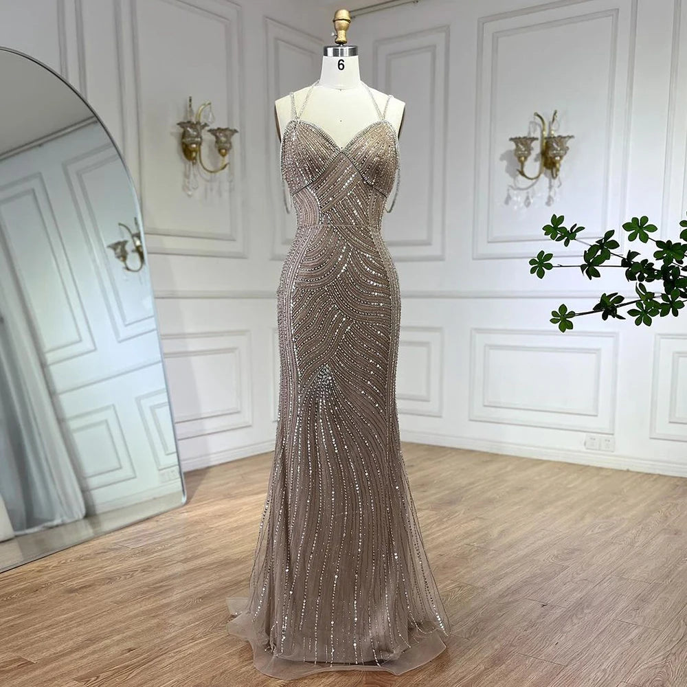 Evening dress with beaded details-Serene Hill Dubai Caramel Luxury Beaded Spaghetti Strap Mermaid Evening Dresses Gowns for Women Wedding Party 2024 LA72501