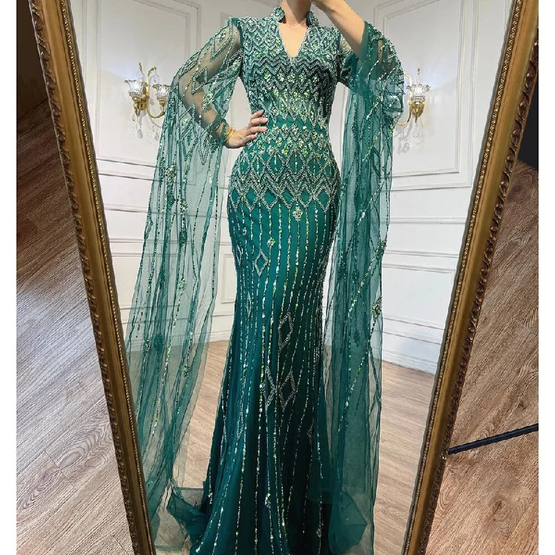 Evening dress with ruching- Serene Hill Dubai Designer Green Mermaid Arabic Evening Dress With Cape Luxury Formal Dresses for Women Wedding Party LA72094