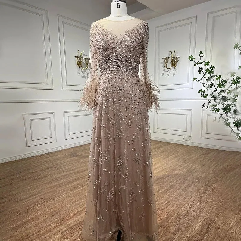 Evening dress with lace-up back-Serene Hill Dubai Elegant Nude Luxury 2024 Beaded Feathers Long Formal  Occasion  Evening Dresses For Women Wedding LA71654