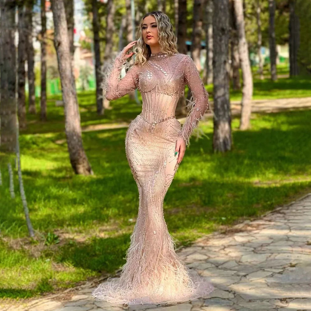 Evening dress with metallic thread-Serene Hill Dubai Gowns Nude Illusion Pearls Beaded Feathers Mermaid Long Evening Dresses 2024 for Women Wedding Party LA72245