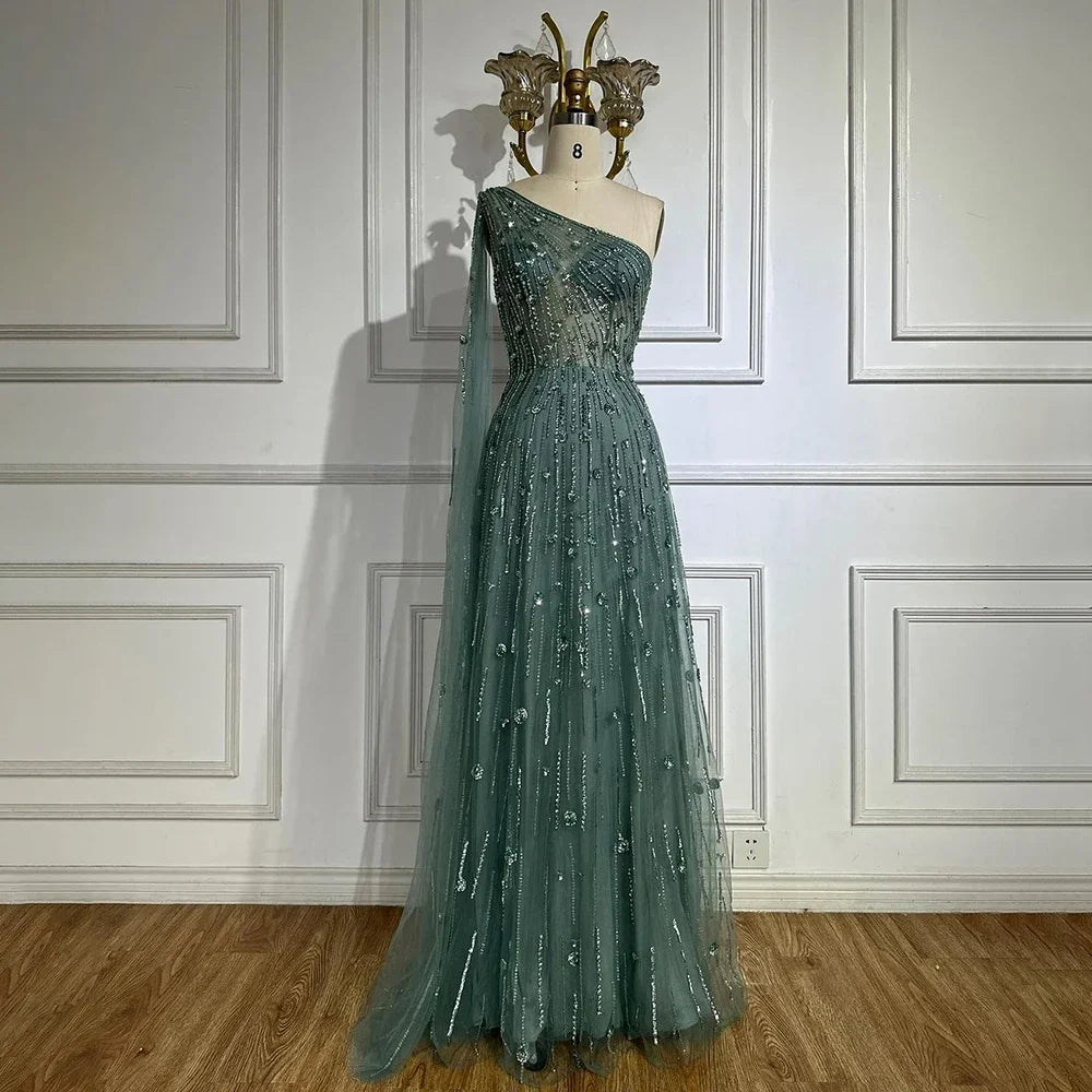 Evening dress for parties-Serene Hill Dubai Green A Line One Shoulder Cape Sleeves Beaded Luxury Evening Dresses Gowns for Women Wedding Party LA72503