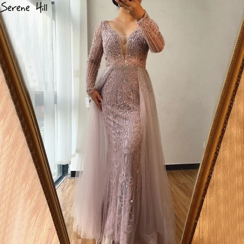 Evening dress with draped bodice-Serene Hill Dubai Grey V-NeckLong Sleeves Evening Dress 2024 Mermaid Crystal Beading Luxury Formal Party Gown CLA70433