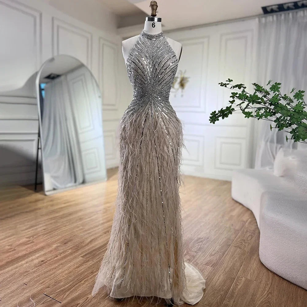 Evening dress with sheer panels-Serene Hill Dubai Halter Beige  Feathers Beaded Formal Luxury Mermaid Evening Dresses For Women Wedding Party 2024 LA70623A