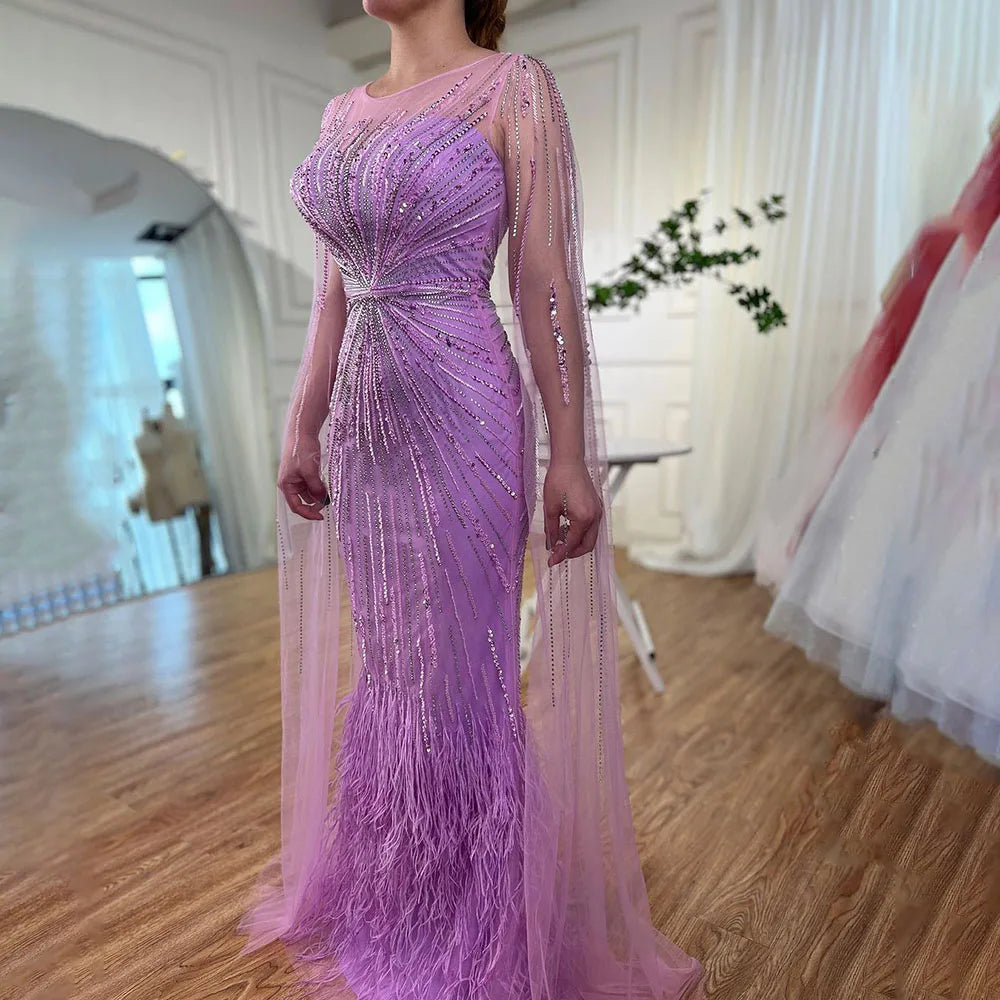 Evening dress with metallic finish-Serene Hill Dubai Lilac Feathers Evening Dresses with Cape Sleeves 2024 Arabic Long Women Wedding Party  Dress LA72036