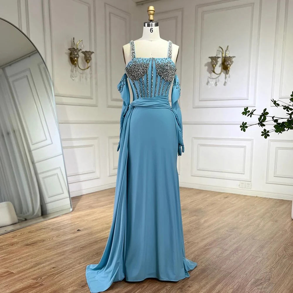 Evening dress with illusion sleeves-Serene Hill Dubai Luxury Evening Gown 2024 Blue High Split Mermaid Spaghetti Strap Gloves Perfect for Wedding Parties LA72366