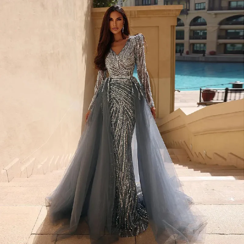 Sleeveless evening dress-Serene Hill Dubai Mermaid Beaded Luxury Blue Muslim  Evening Dresses Gowns  with Detachable Skirt 2024 For Women Party LA71750