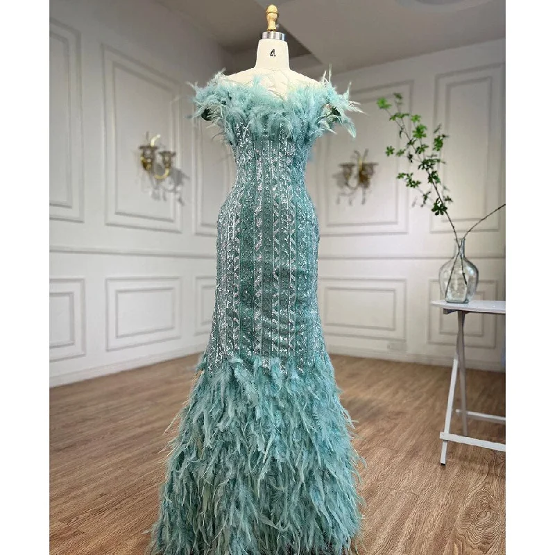 Evening dress with peplum-Serene Hill Dubai Mint Luxury Crystal Feathers  Sexy Mermaid Evening Dresses Formal Gowns  For Woman Wedding Party 2024 LA72095