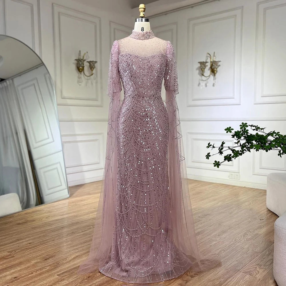 Evening dress for black tie-Serene Hill Dubai Pink Cape Sleeves Mermaid Beaded Luxury Long Arabic Evening Dresses Gowns for Woman Wedding Party LA71992A