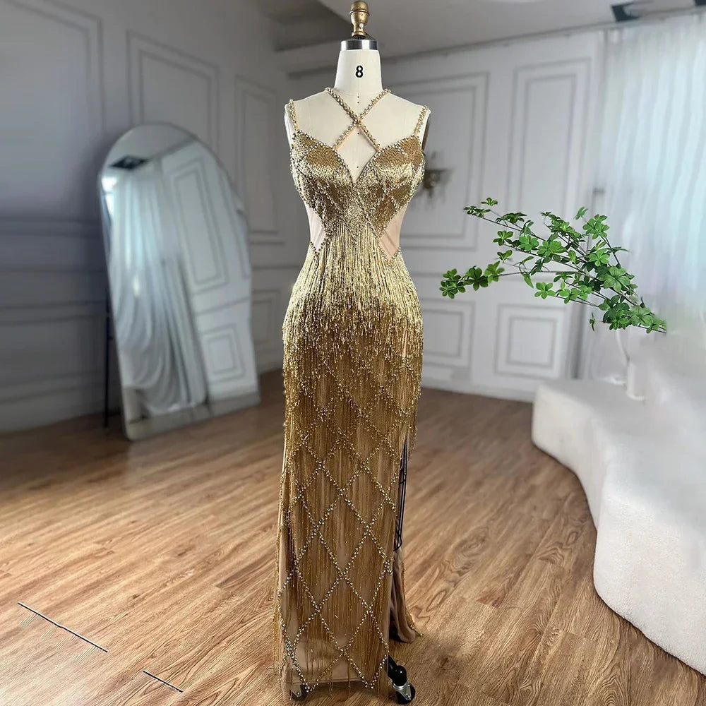 Evening dress for cocktail-Serene Hill Dubai Silver Mermaid Gold Evening Gowns Luxury Beaded Tassel Spaghetti Strap Party Drsses For Women 2024 LA72280