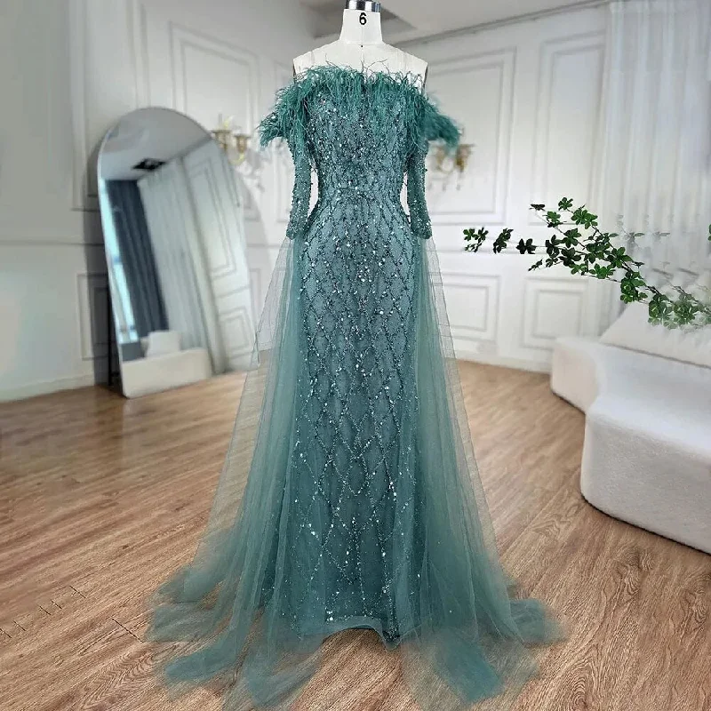 Evening dress with tulle-Serene Hill Dubai turquoise Feathers Beaded Mermaid Elegant Strapless Evening Dresses Gowns 2024 For Women Wedding Party LA72169