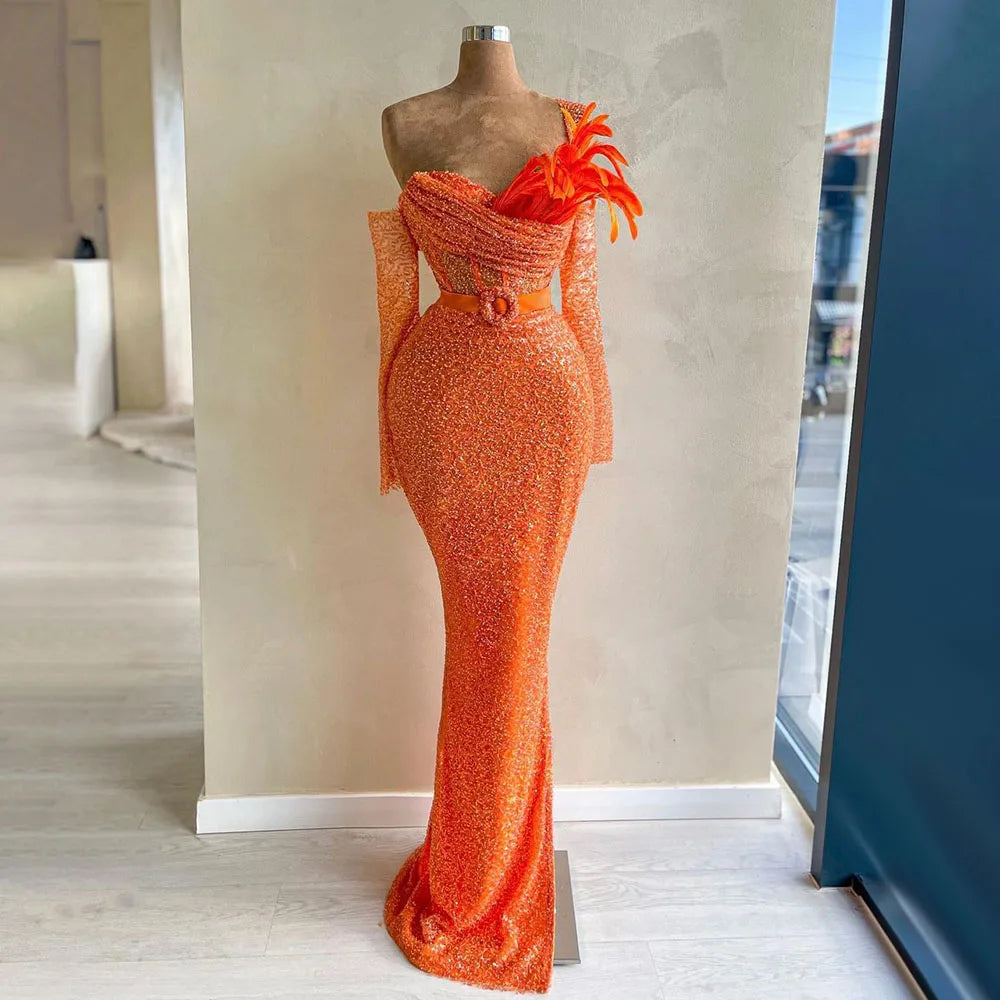 Evening dress with ruffles-Serene Hill Elegant Orange Mermaid Evening Gown with Beaded  Luxury Dubai Dresses for Woman's Wedding Party 2024 LA72319