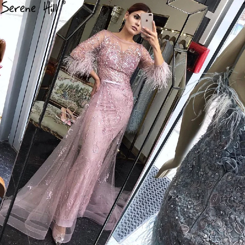 Evening dress for prom-Serene Hill Evening Dress Long  Wine Red  Mermaid Dress  Beaded Feathers With Cloak Party Gown Women Party  LA70827