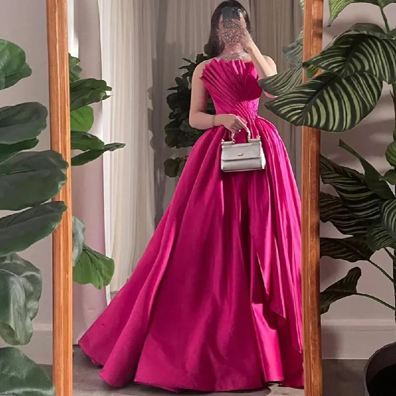 Evening dress with illusion sleeves-Serene Hill Fuchsia A Line Dubai Evening Dresses Gowns 2024 Beaded Luxury Sexy Strapless For Women Wedding Party LA72210