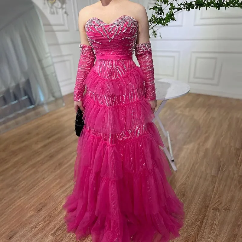 Evening dress with off-shoulder-Serene Hill Fuchsia A Line Elegant Sweetheart Off Shoulder Tiered Beaded Evening Dresses Prom Gowns For Women Party 2024 LA72035