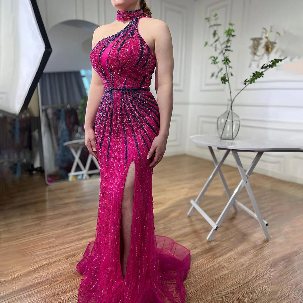 Evening dress with crystals-Serene Hill Fuchsia Halter Sleeveless Beaded Mermaid High Split Evening Dresses Party Gowns 2024 For Women LA72092