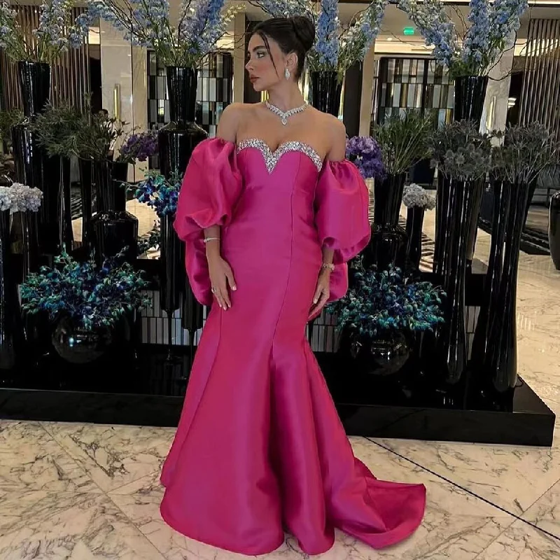 Evening dress with embroidery-Serene Hill Fuchsia Mermaid Mikado Satin Strapless Balloon Sleeevs Evening Dresses Gowns 2024 For Women Wedding Party LA71923