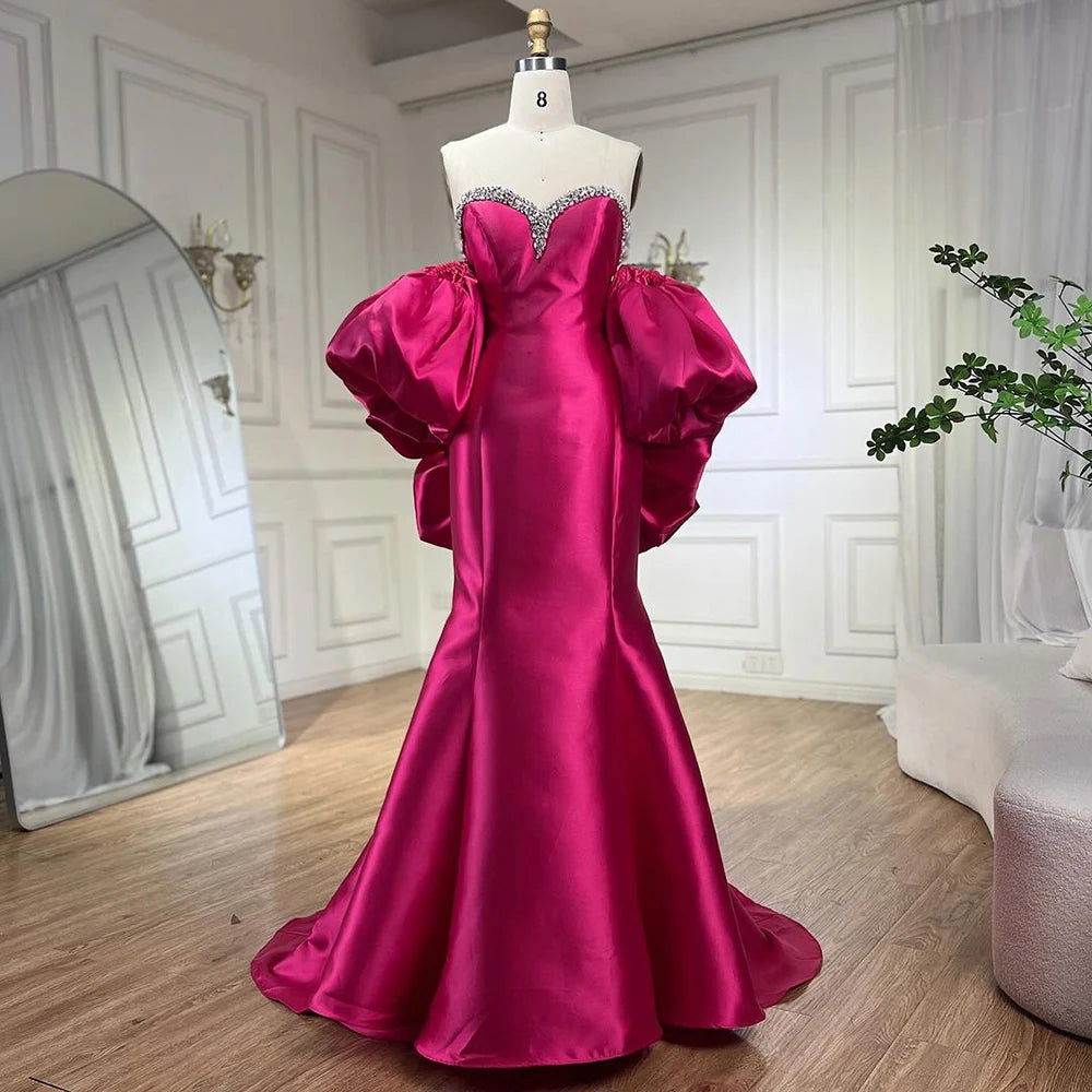 Evening dress for parties-Serene Hill Fuchsia Mermaid Mikado Satin Strapless Balloon Sleeevs Evening Dresses Gowns For Women Wedding Party 2024 LA71923