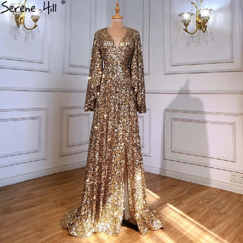 Evening dress with fitted bodice-Serene Hill Gold A-Line High Split Evening Dresses Gowns 2024 Luxury Flare Sleeve For Woman Wedding Party LA71395