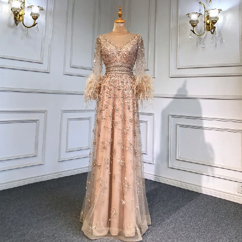 Evening dress with floral print-Serene Hill Gold A-Line Long Sleeves Feathers Evening Dress 2023  for Women Luxury O-Neck Crystal Sequins Handmade LA71654