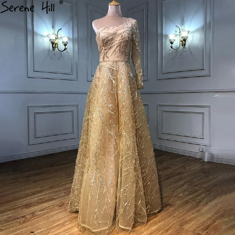 Evening dress with high neckline-Serene Hill Gold A-Line Luxury Evening Dresses Gowns 2024 One Shoulder Beaded Sexy For Woman Party LA71223