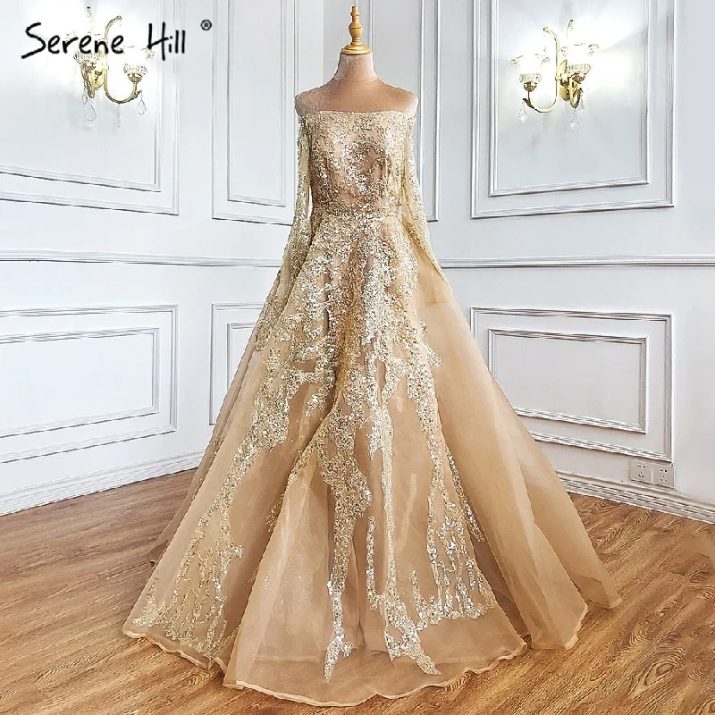 Evening dress with illusion skirt-Serene Hill Gold A-Line Sexy Evening Dresses Gowns 2024 Beaded Off Shoulder For Woman Wedding Party LA71305