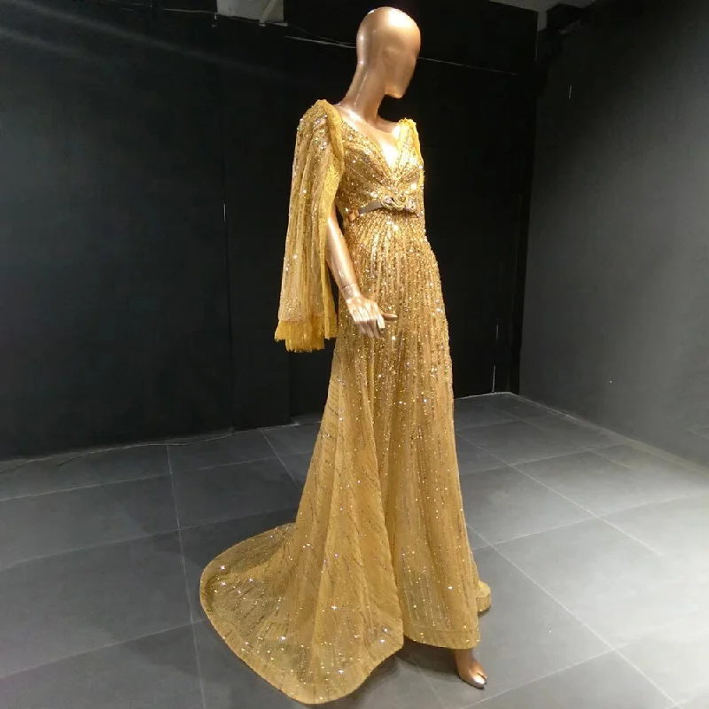 Evening dress with mermaid style-Serene Hill Gold Cape Sleeve Evening Dresses Gowns 2024 A-Line Beaded Elegant Luxury For Women Party LA71504