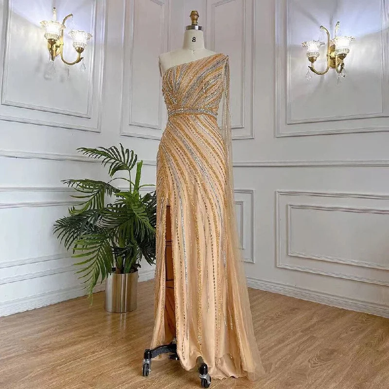 Evening dress with metallic thread-Serene Hill Gold Elegant Mermaid Sexy One Shoulder Cape Sleeve High Split Luxury Beaded Evening Dresses Gowns 2024 LA71902