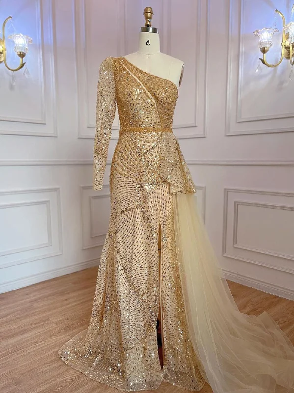 Evening dress with off-shoulder-Serene Hill Gold Elegant Mermaid Sexy One Shoulder High Split Beaded Luxury Evening Dresses Gowns For Women Party 2024 LA71890