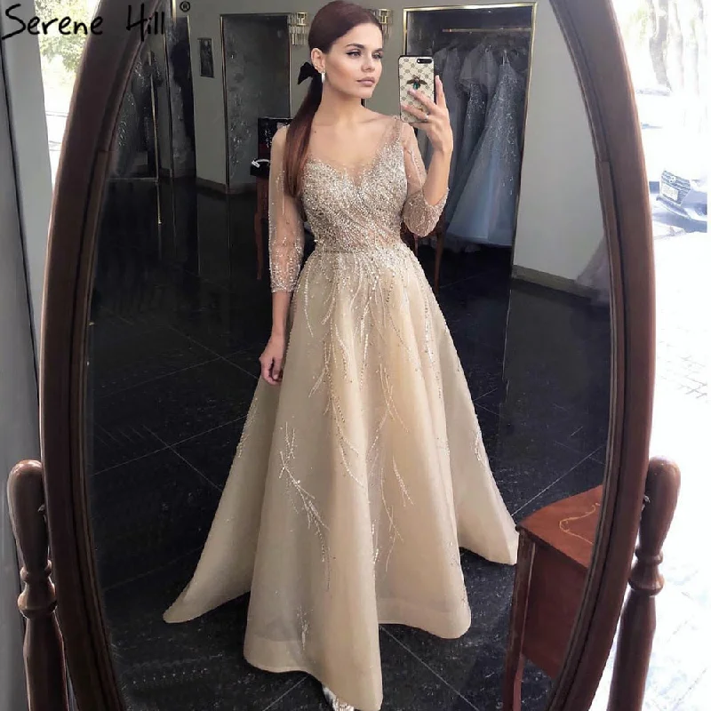 Evening dress with plunging neckline-Serene Hill Gold Luxury A-Line Evening Dresses Gowns 2024 Beading Sparkle Sexy For Women Party  LA70823