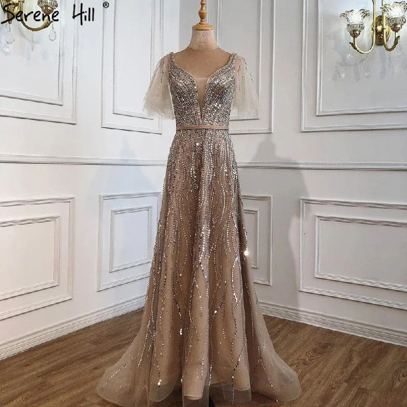 Evening dress with peplum-Serene Hill Gold Luxury A-Line Evening Dresses Gowns 2024 Beaded  Short Flare Sleeves For Women Party LA70824