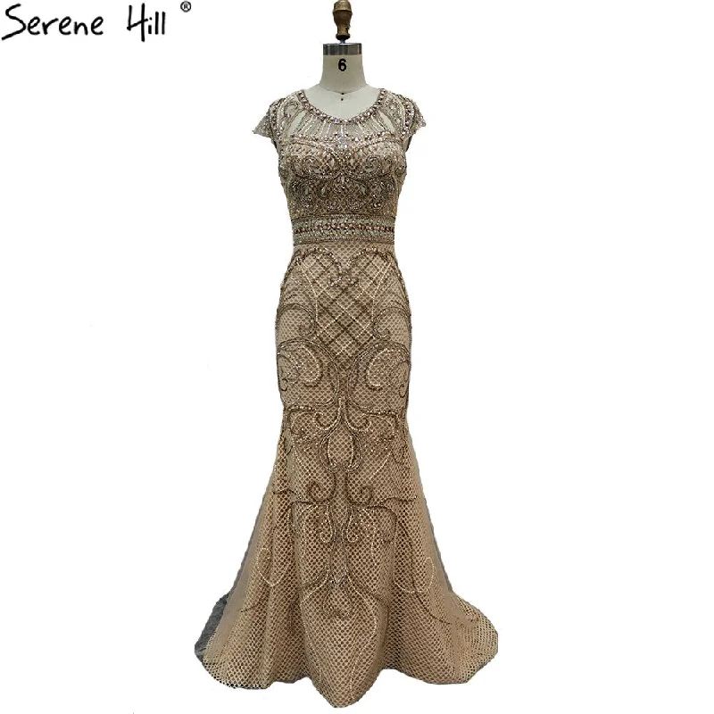 Evening dress with sequined bodice-Serene Hill Gold Luxury Caps Sleeves Evening Dresses Gowns 2024 Mermaid Elegant Beading For Women Party LA70851