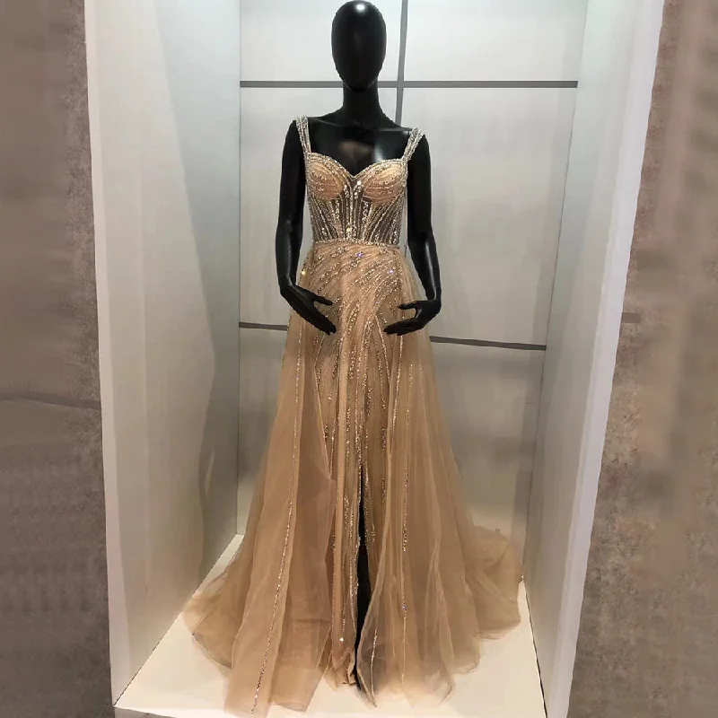 Evening dress with sequins-Serene Hill Gold Luxury High Split Evening Dresses Gowns 2024 Beaded Meramid Elegant For Women Party LA71373