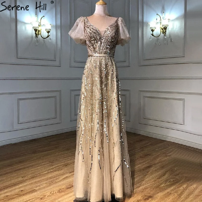 Evening dress with slit-Serene Hill Gold Luxury Sexy Evening Dresses Gowns 2024 Short Flare Sleeves Beaded A-Line For Women Party LA70824A