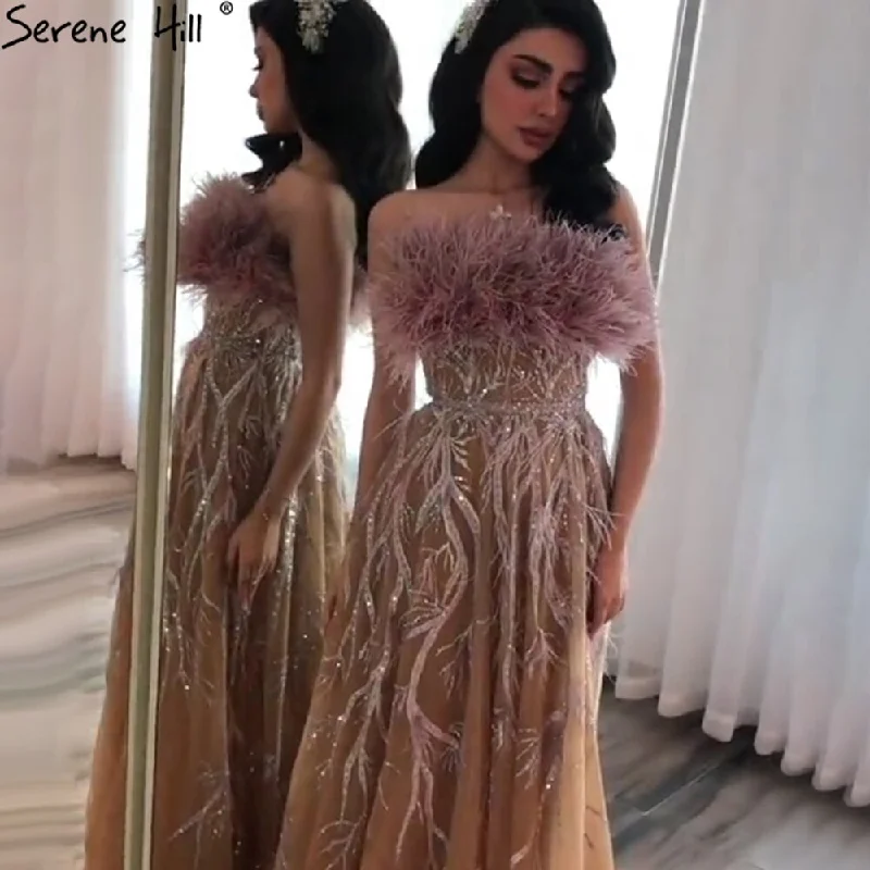 Evening dress with sweetheart neckline-Serene Hill Gold Luxury Strapless Evening Dresses Gowns 2024 Beading Feathers Sexy A-Line For Women Party LA71071