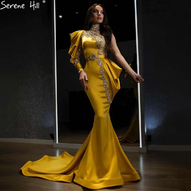 Evening dress with taffeta-Serene Hill Gold Mermaid Beaded Evening Dresses Gowns 2024 One Shoulder Elegant Satin For Women Party LA71424