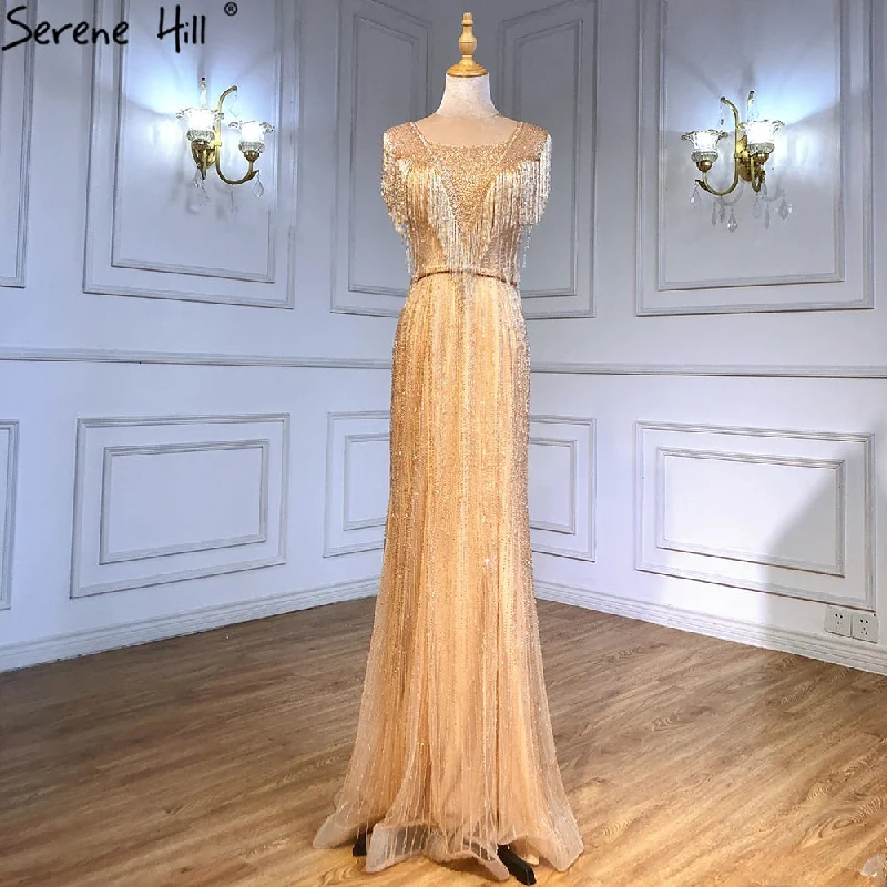 Evening dress with tiered layers-Serene Hill Gold Mermaid Elegant Evening Dresses Gowns 2024 Beaded Tassel Luxury For Women Party LA71435