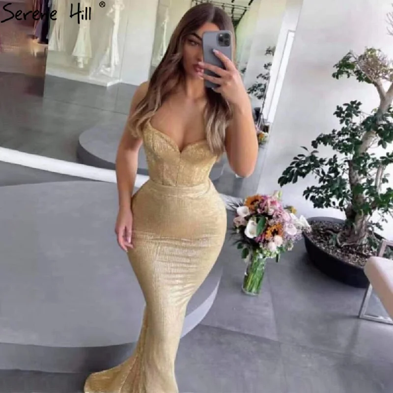 Evening dress with velvet-Serene Hill Gold Mermaid Elegant Evening Dresses Gowns 2024 Spaghetti Strap Sparkle For Women Party LA71419