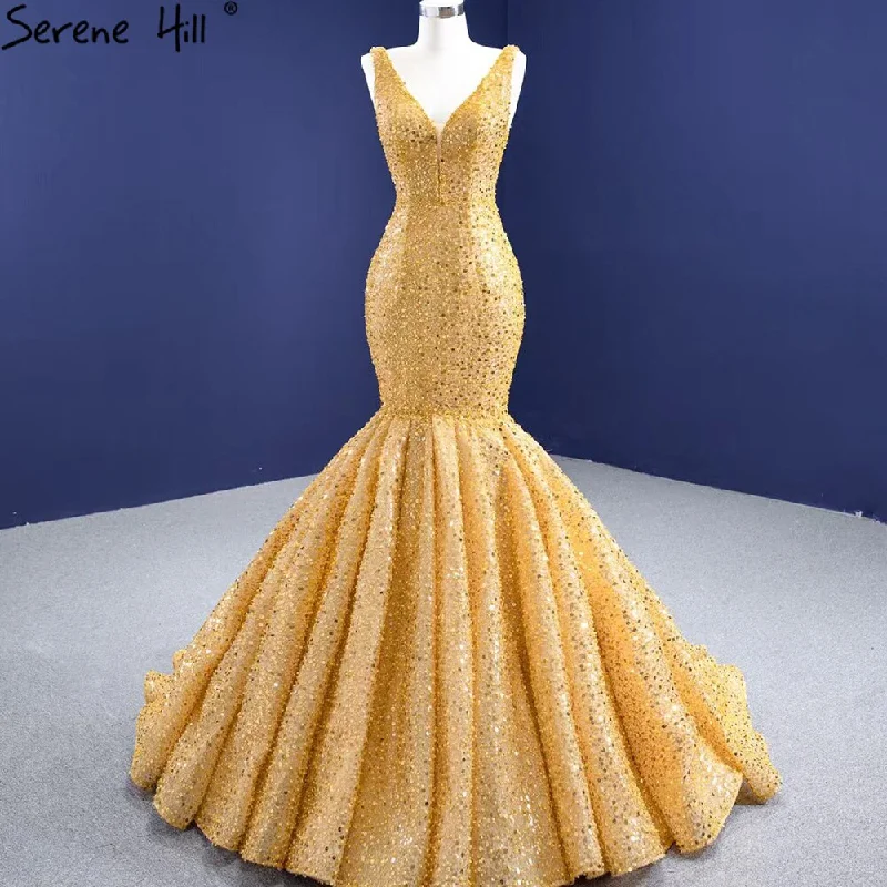 Evening dress with wrap design-Serene Hill Gold Mermaid Lace Up Evening Dresses Gowns 2024 Beaded Elegant Luxury For Women Party HM67290