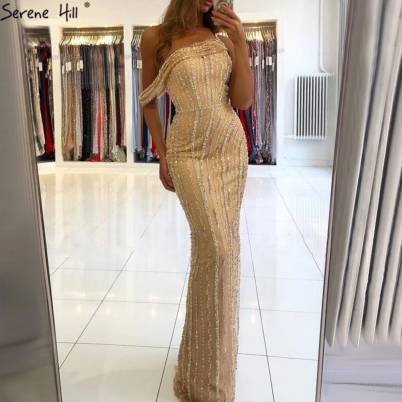 Ivory evening dress-Serene Hill Gold Mermaid Sexy Evening Dresses Dubai One Shouder Luxury Beading Sparkle Formal Dress LA70723